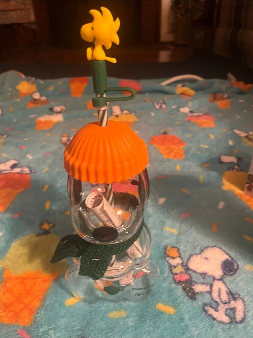 Starbucks Orange Silicone Lid with Yellow Woodstock Straw Topper